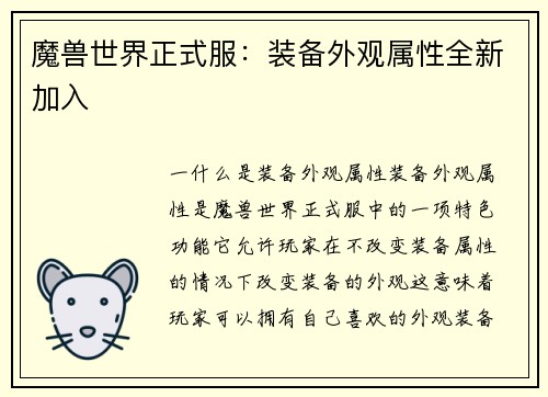 魔兽世界正式服：装备外观属性全新加入